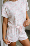 Pink Floral Print Lettuce Trim Short Sleeve Top and Shorts Pajama Set