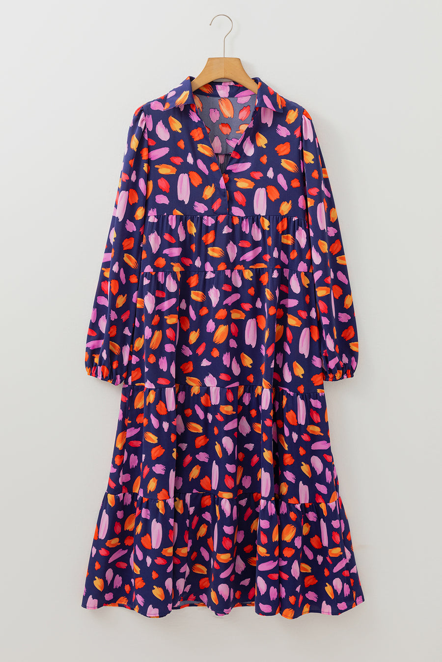 Purple and Orange Multi Floral Print Collared Tiered Flowy Long Sleeve Maxi Dress- 2 Colors
