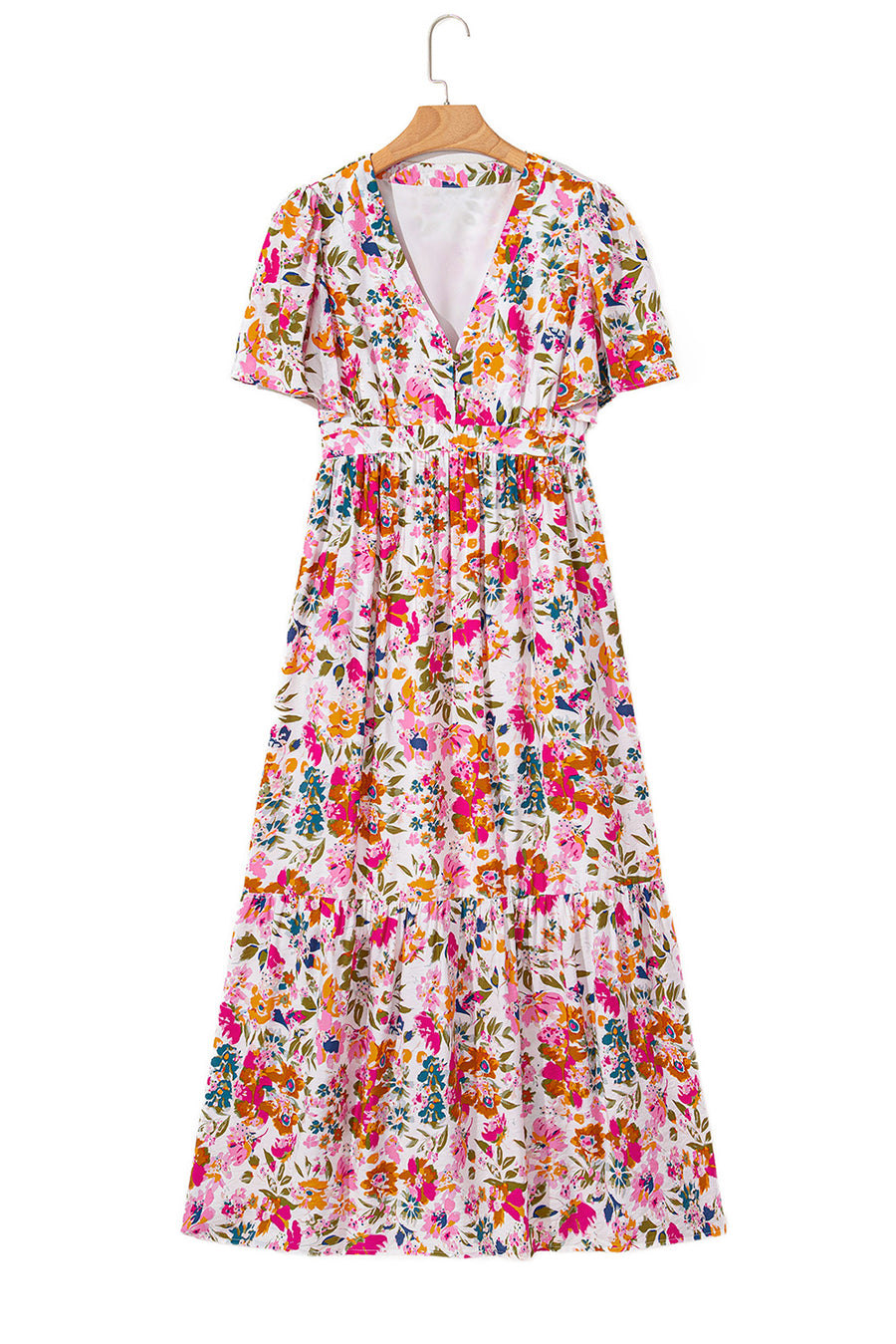 Multicolored Floral Short Sleeve V-Neck High Waist Maxi Dress