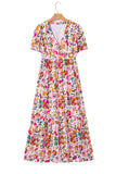 Multicolored Floral Short Sleeve V-Neck High Waist Maxi Dress