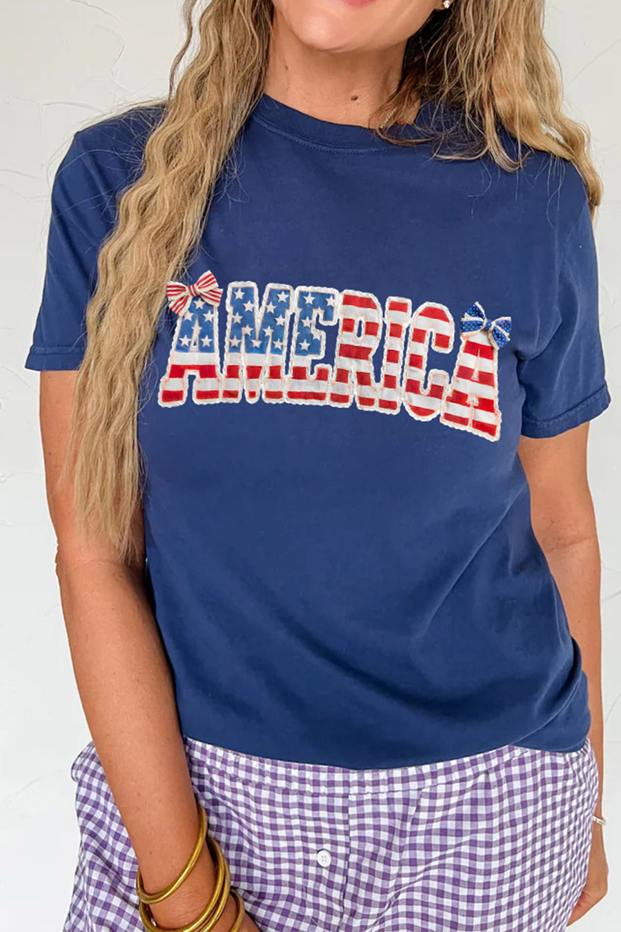 Navy Blue Coquette Bows America Short Sleeve Graphic T-Shirt