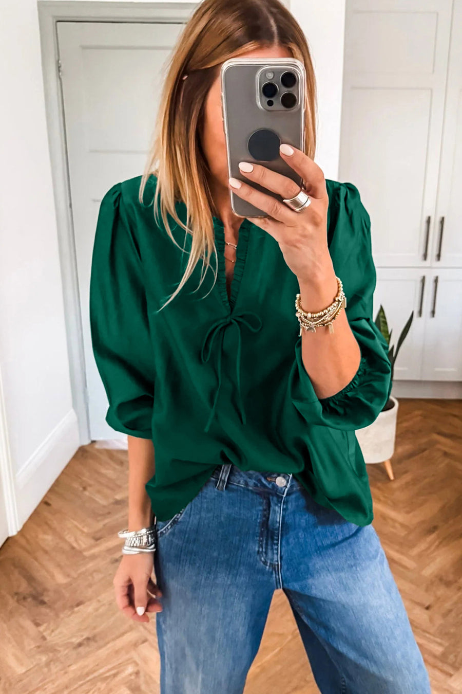 Frilled V-Neck Bow Detail 3/4 Sleeve Blouse- 2 Colors