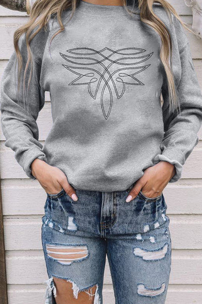 Gray Boot Stitch Pattern Embroidered Pullover Sweatshirt