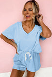 V-Neck Drop Shoulder T-Shirt and Patchwork Shorts Set- 3 Colors