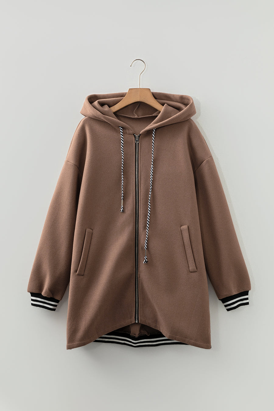 Contrast Cuff Drop Shoulder Zip-Up Tunic Hoodie- 3 Colors