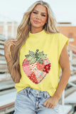 Yellow Faux Patchwork Strawberry Printed Mock Neck T-Shirt