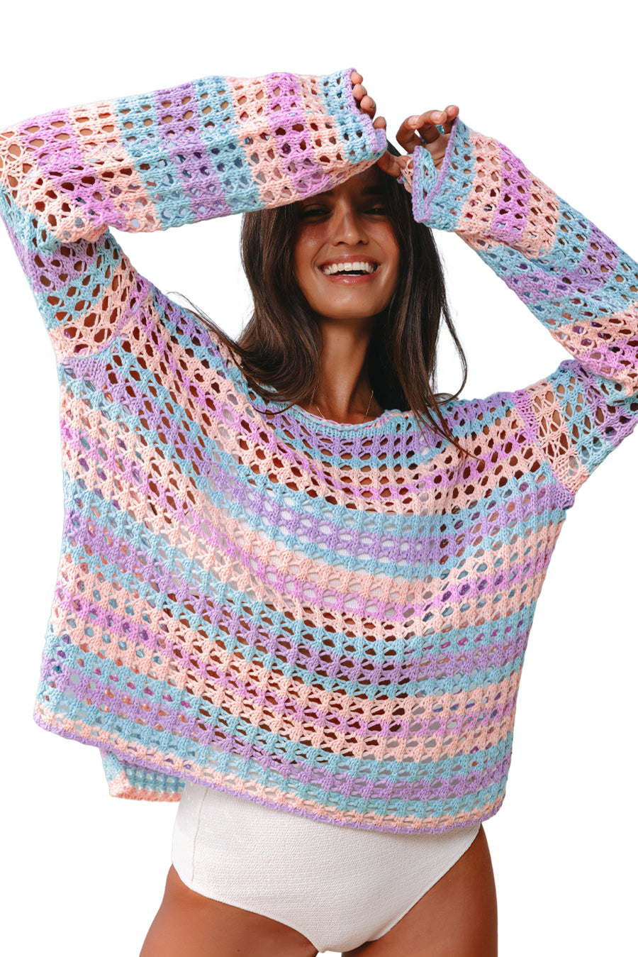 Openwork Side Slit Crew Neck Striped Cover-Up B- 2 Colors