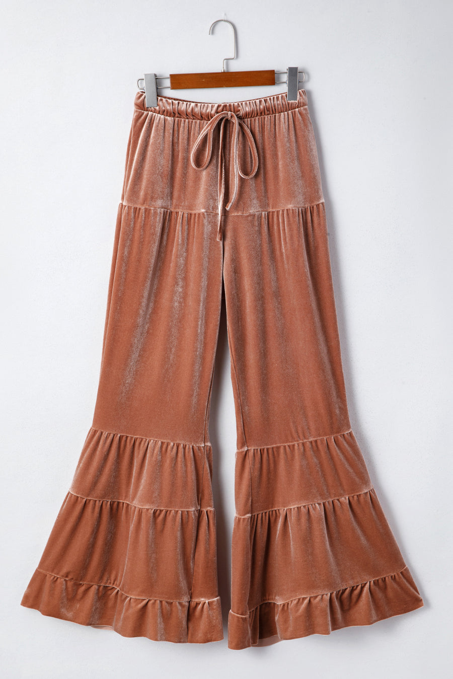 Straw Yellow Velvet Mineral Wash Tiered Flare Leg Pants