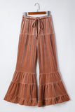 Straw Yellow Velvet Mineral Wash Tiered Flare Leg Pants