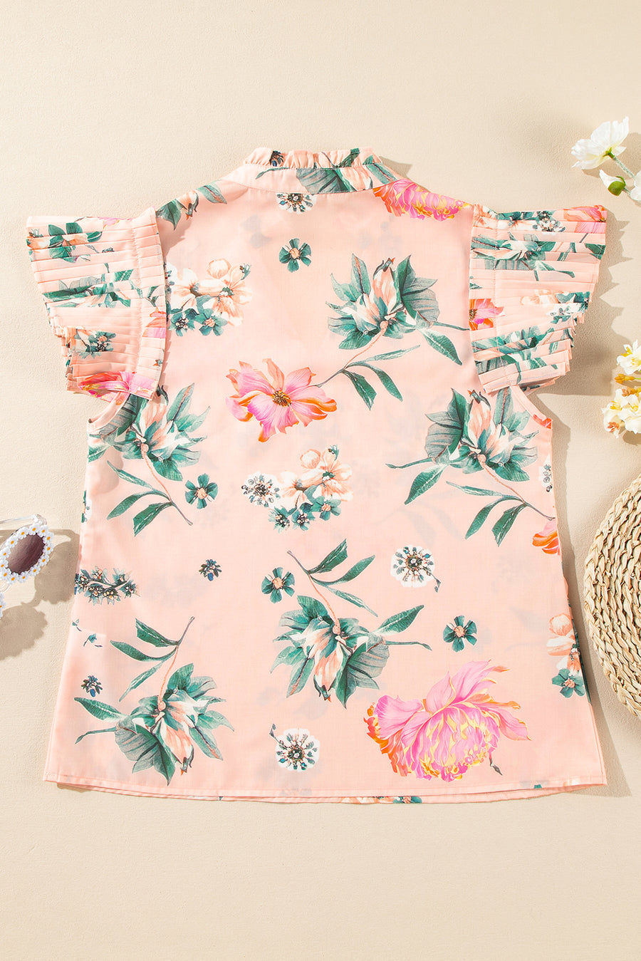 Apricot Floral Frill V-Neck Pleated Short Sleeve Blouse
