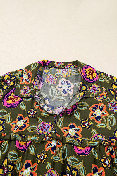 Green Floral Print Split Neck Bubble Sleeve Mini Dress