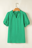 Bright Green Textured Puff Sleeve Frilled & Notched V-Neck Blouse