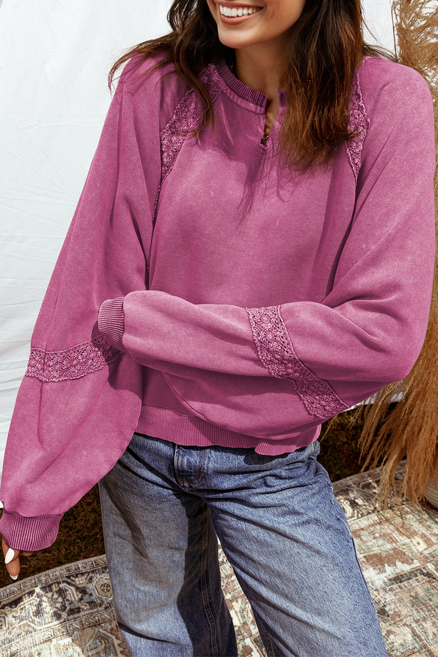 Lace Applique Notched Neck Mineral Wash Baggy Sweatshirt- 4 Colors