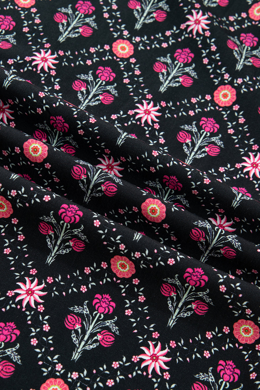 Black Floral Contrast Trim V-Neck Lantern Sleeve Blouse