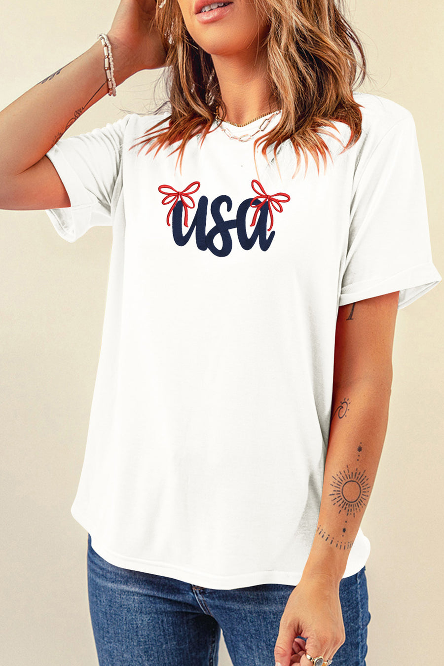 White USA Lettering Bow Embroidered T-Shirt