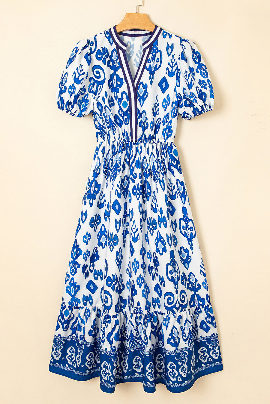 Floral Ruffle Hem Contrast Trim Neckline Midi Dress- 3 Colors