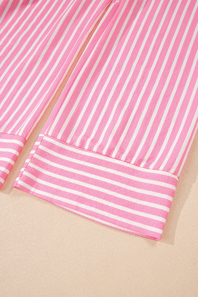 Pink Striped Bow Decor Peter Pan Collar Button-Up Top and Pants Pajama Set