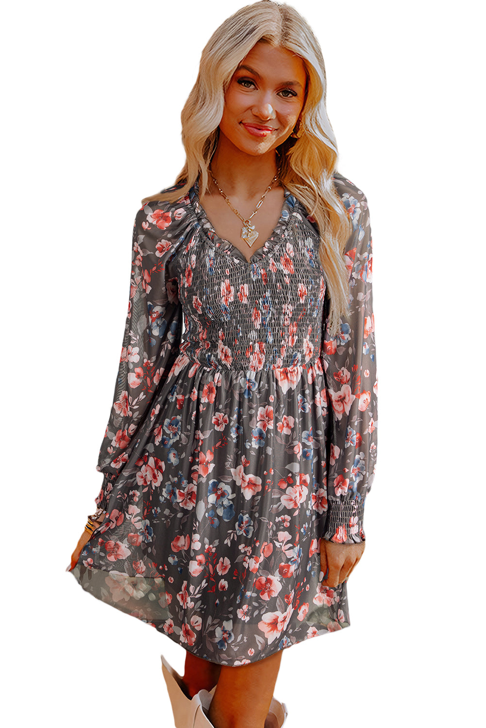 Brown Frilly Smocked Bodice Floral Mesh Long Sleeve Mini Dress