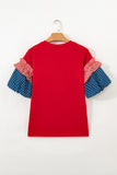 Red American Sequin Bow Contrast Puff Sleeve Blouse