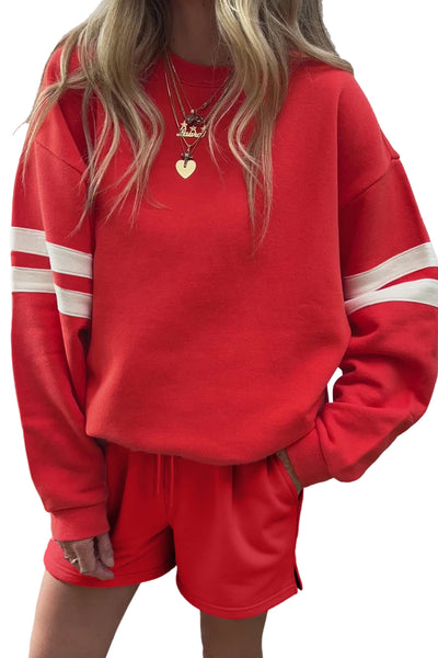 Varsity Striped Sleeve Drop Shoulder Sweatshirt and Shorts Set- 5 Colors