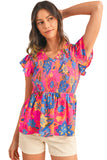 Neon Pink Floral Frill V-Neck Smocked Peplum Blouse