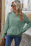 Lace Patchwork Raglan Sleeve Waffle Knit Hoodie with Pockets- 2 Colors