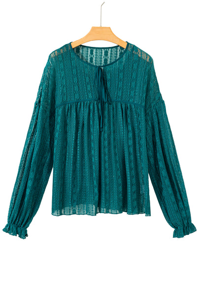 Evergreen Sheer Lace Balloon Sleeve Babydoll Blouse
