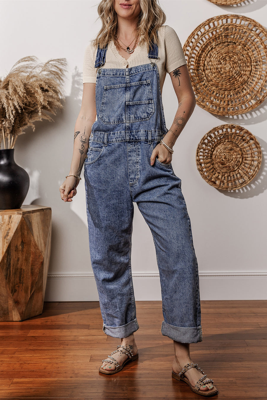 Mineral Wash Blue Straight Leg Denim Overalls