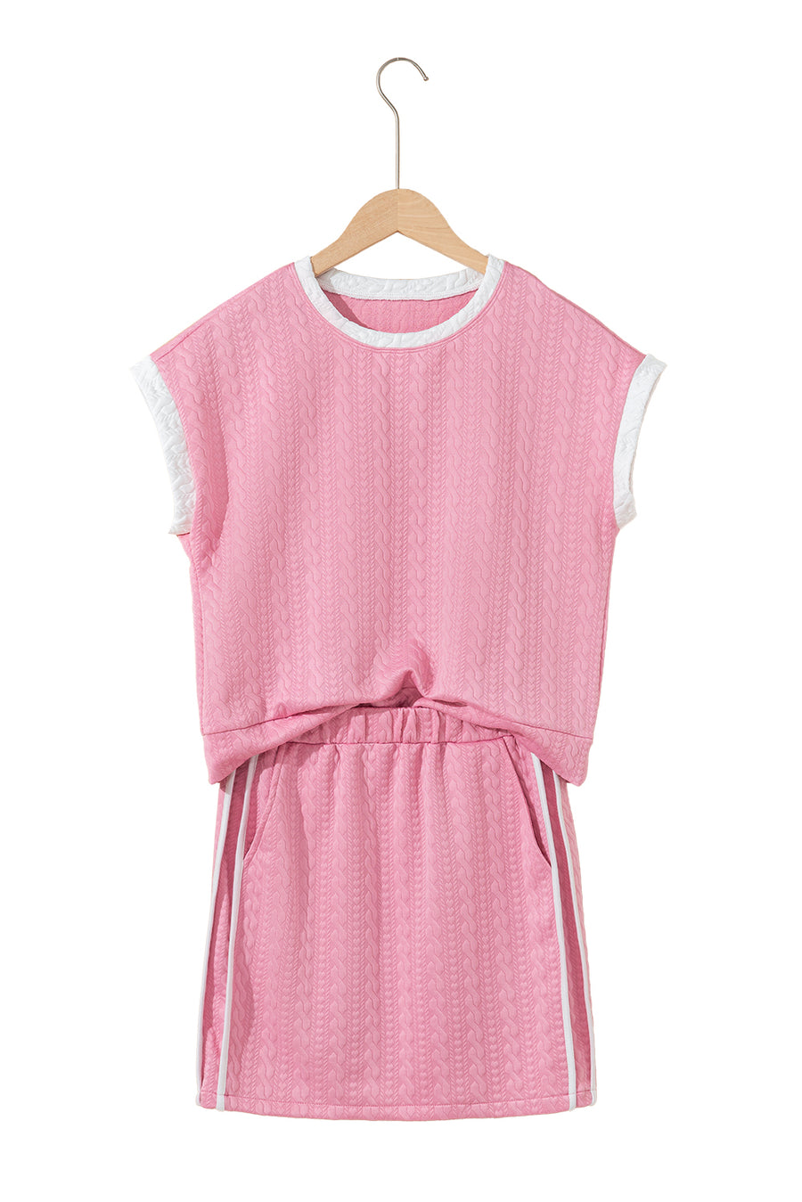 Contrast Trim Textured Crew Neck Top and Pocketed Skirt Set- 2 Colors