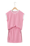Contrast Trim Textured Crew Neck Top and Pocketed Skirt Set- 2 Colors