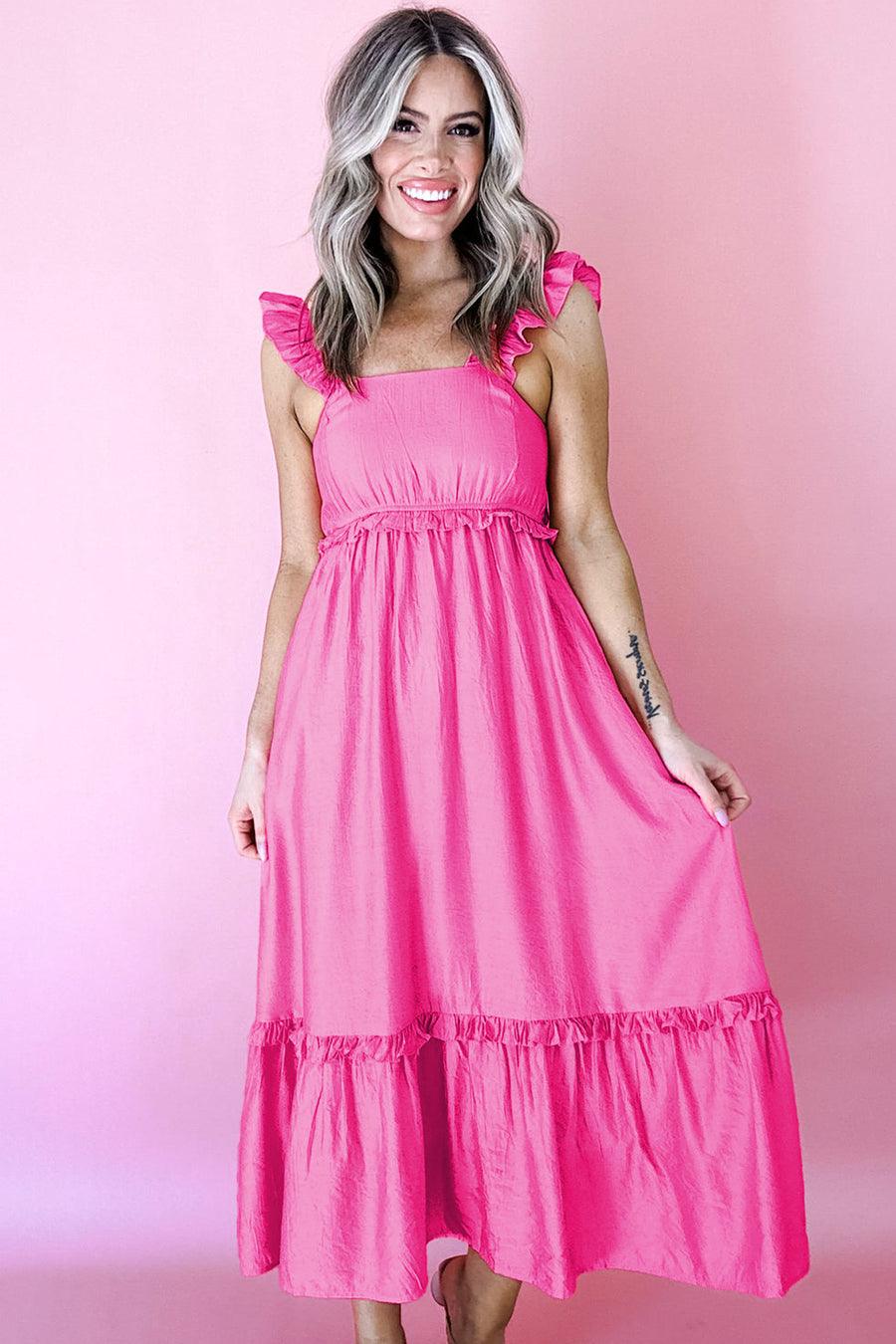 Solid Color Ruffle Trim High Waist Sleeveless Maxi Dress A- 2 Colors