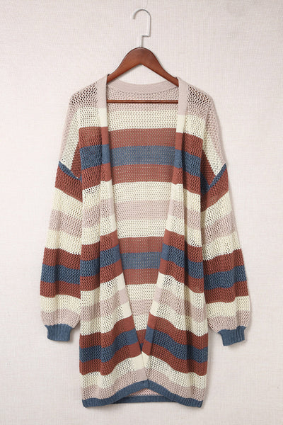 Dark Blue Color Block Striped Cut Out Knit Cardigan