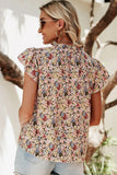 Multicolored Floral Frilled Neck Ruffled Short Sleeve Button-Up Blouse