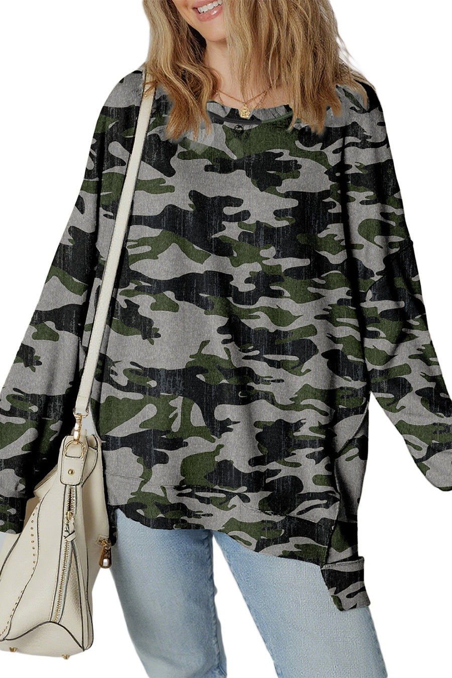 Camouflage Print Exposed Seam Drop Shoulder Sweatshirt- 2 Colors