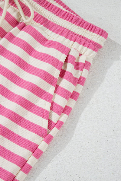 Pink Striped Crew Neck T-Shirt and Drawstring Shorts Set