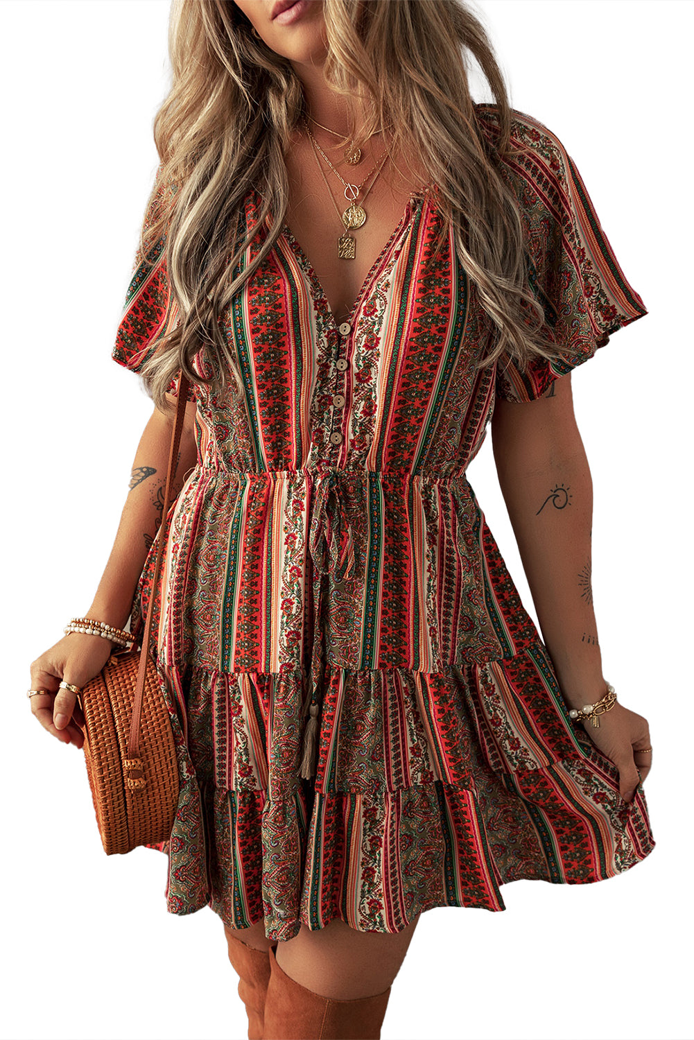 Red Bohemian Floral Print Buttoned V Neck Ruffle Tiered Dress