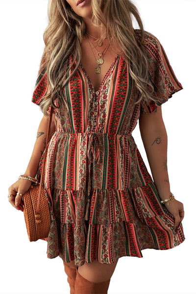 Red Bohemian Floral Print Buttoned V Neck Ruffle Tiered Dress