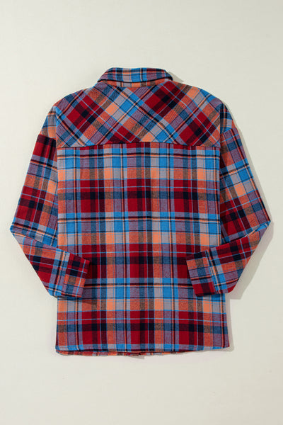 Red Plaid Print Drop Sleeve Loose Shirt Shacket