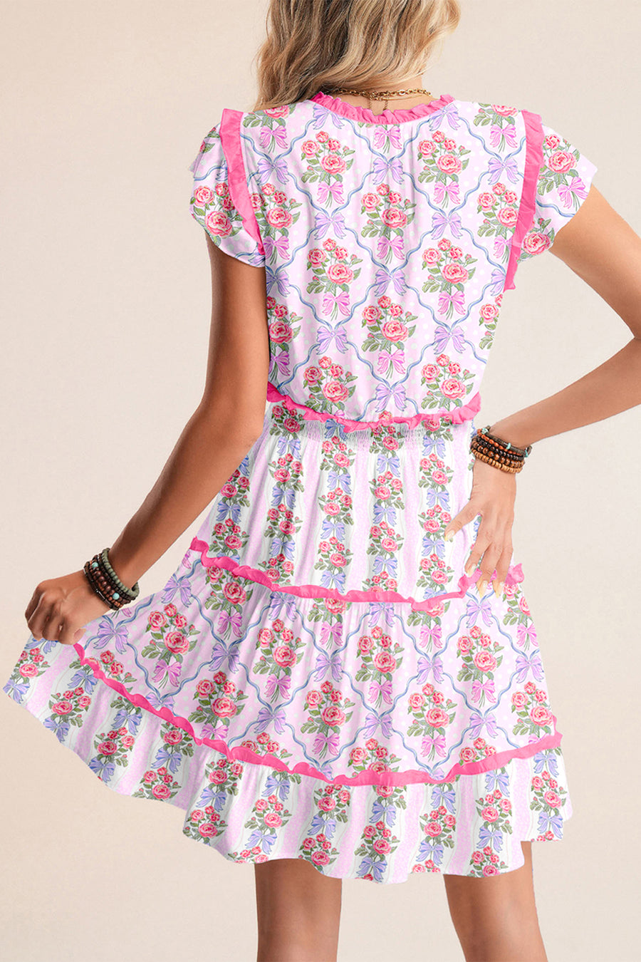 *Pre-Order* Bright Pink Bow Bouquets Frill Neck Short Sleeve Tiered Mini Dress