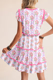 *Pre-Order* Bright Pink Bow Bouquets Frill Neck Short Sleeve Tiered Mini Dress