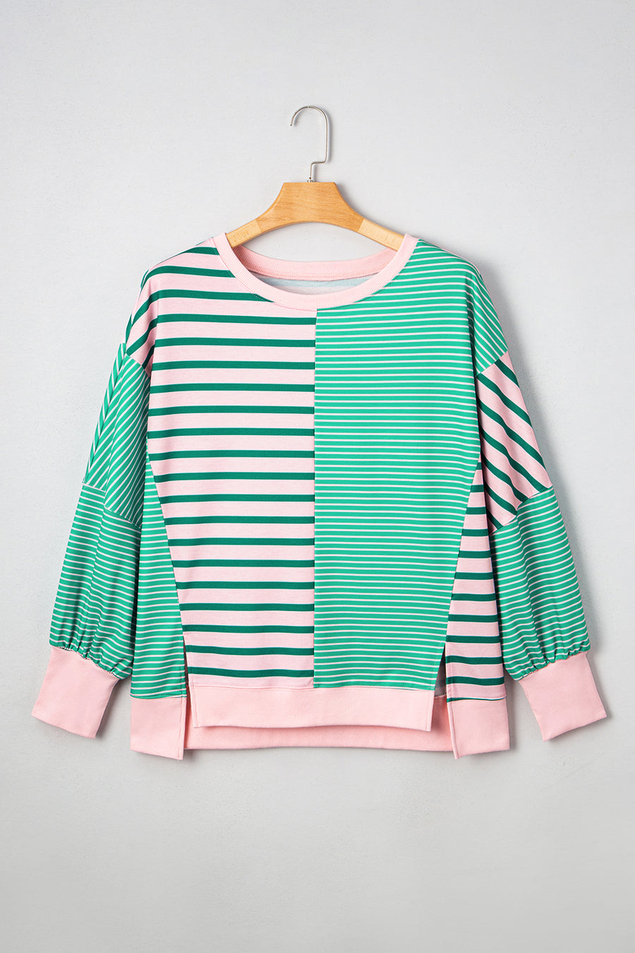 Plus Size Green & Pink Striped Color Block Patchwork Side Slit Sweatshirt
