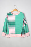 Plus Size Green & Pink Striped Color Block Patchwork Side Slit Sweatshirt