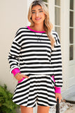 Striped Contrast Trim Long Sleeve Top and Shorts Set- 2 Colors
