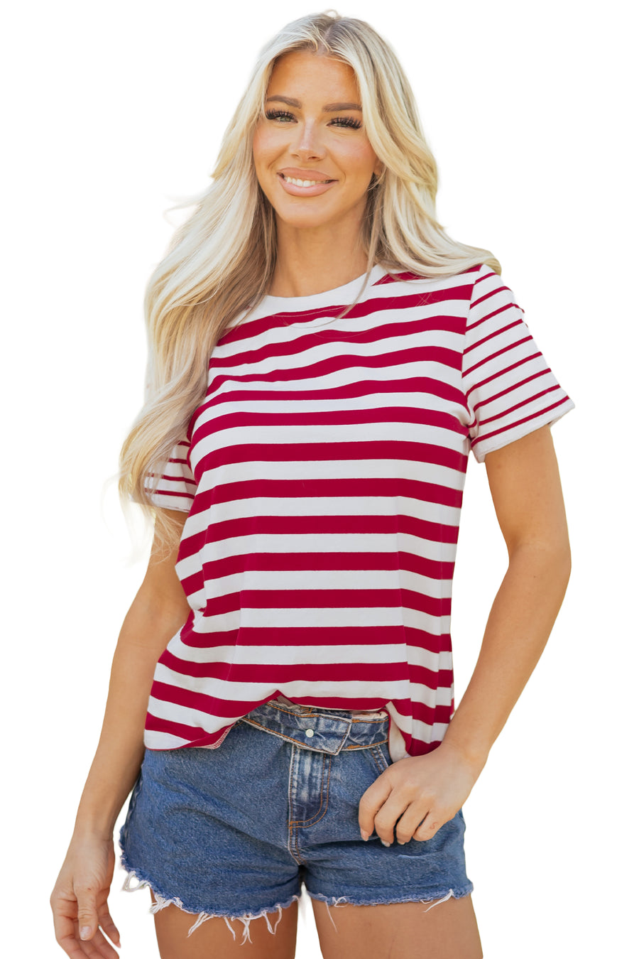 Red and White Striped Crew Neck T-Shirt