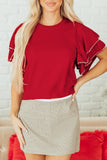 Red Pearl Embellished Double Ruffle Short Sleeve Sweater