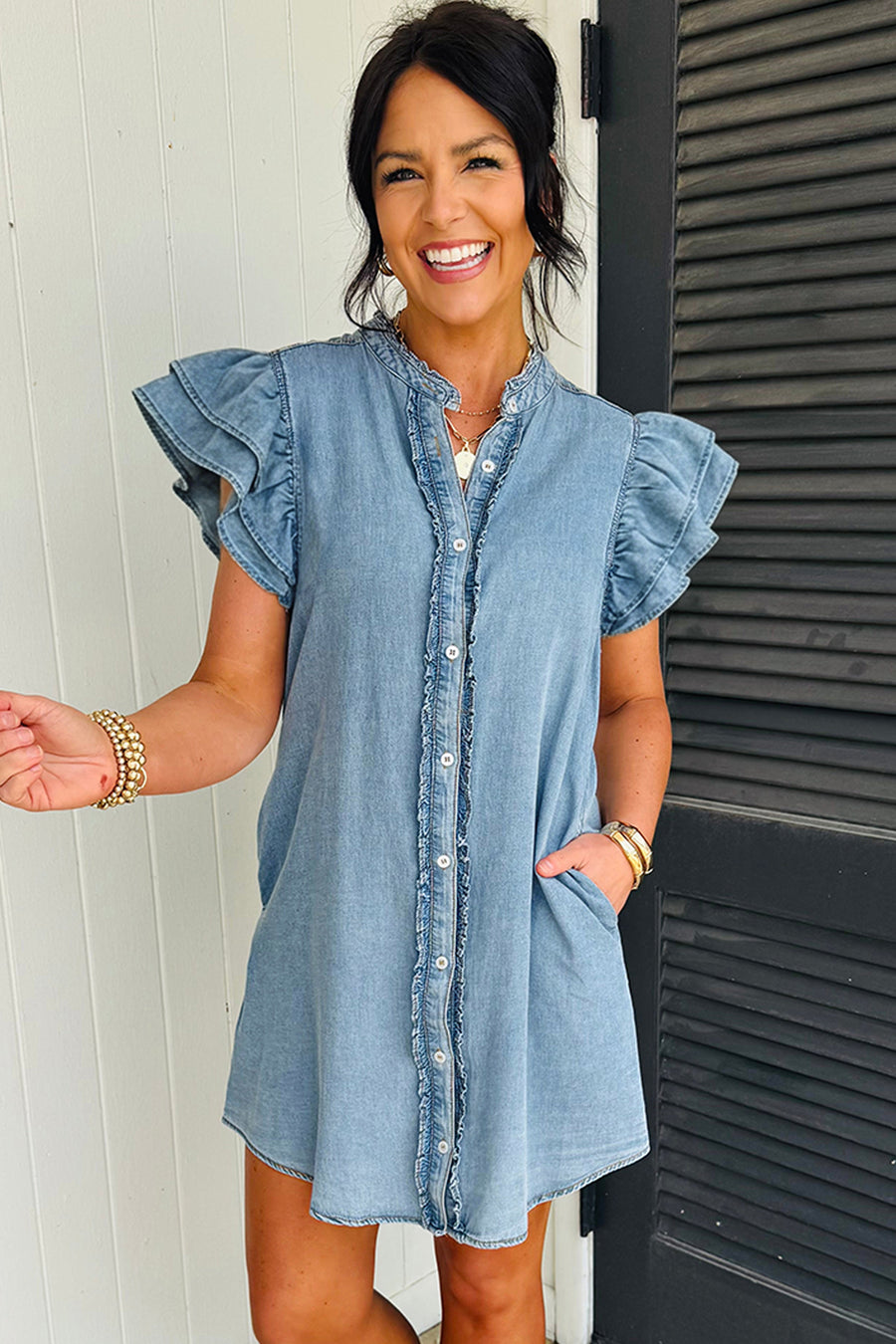 Frill Neck Button-Up Ruffled Short Sleeve Denim Mini Dress- 2 Colors