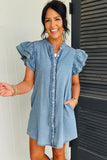 Frill Neck Button-Up Ruffled Short Sleeve Denim Mini Dress- 2 Colors