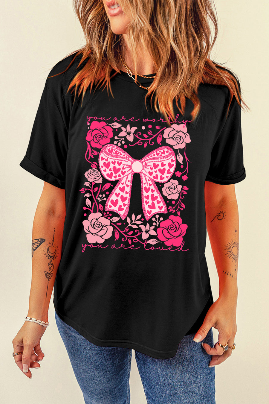 Black Floral Heart Pattern Bow Graphic T-Shirt A