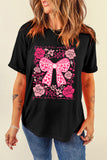 Black Floral Heart Pattern Bow Graphic T-Shirt A