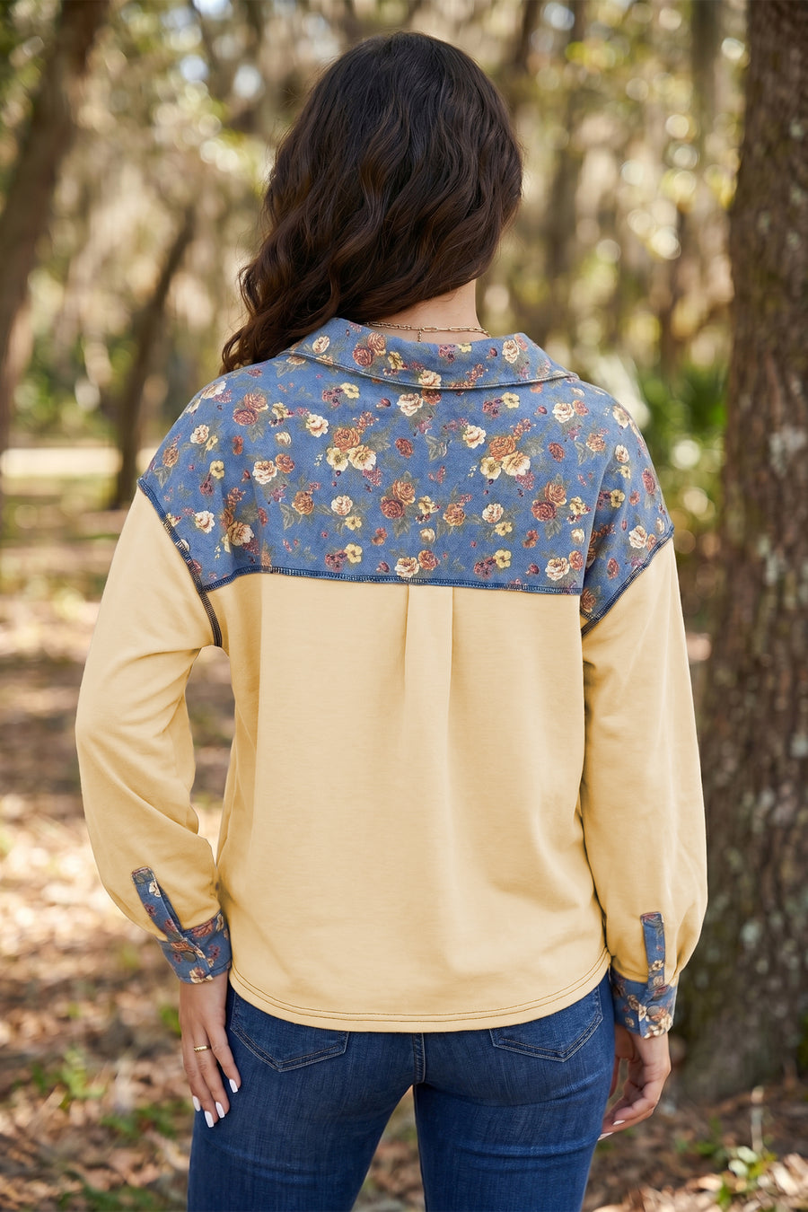 Apricot Floral Patchwork Detail Collar V Neck Long Sleeve Top